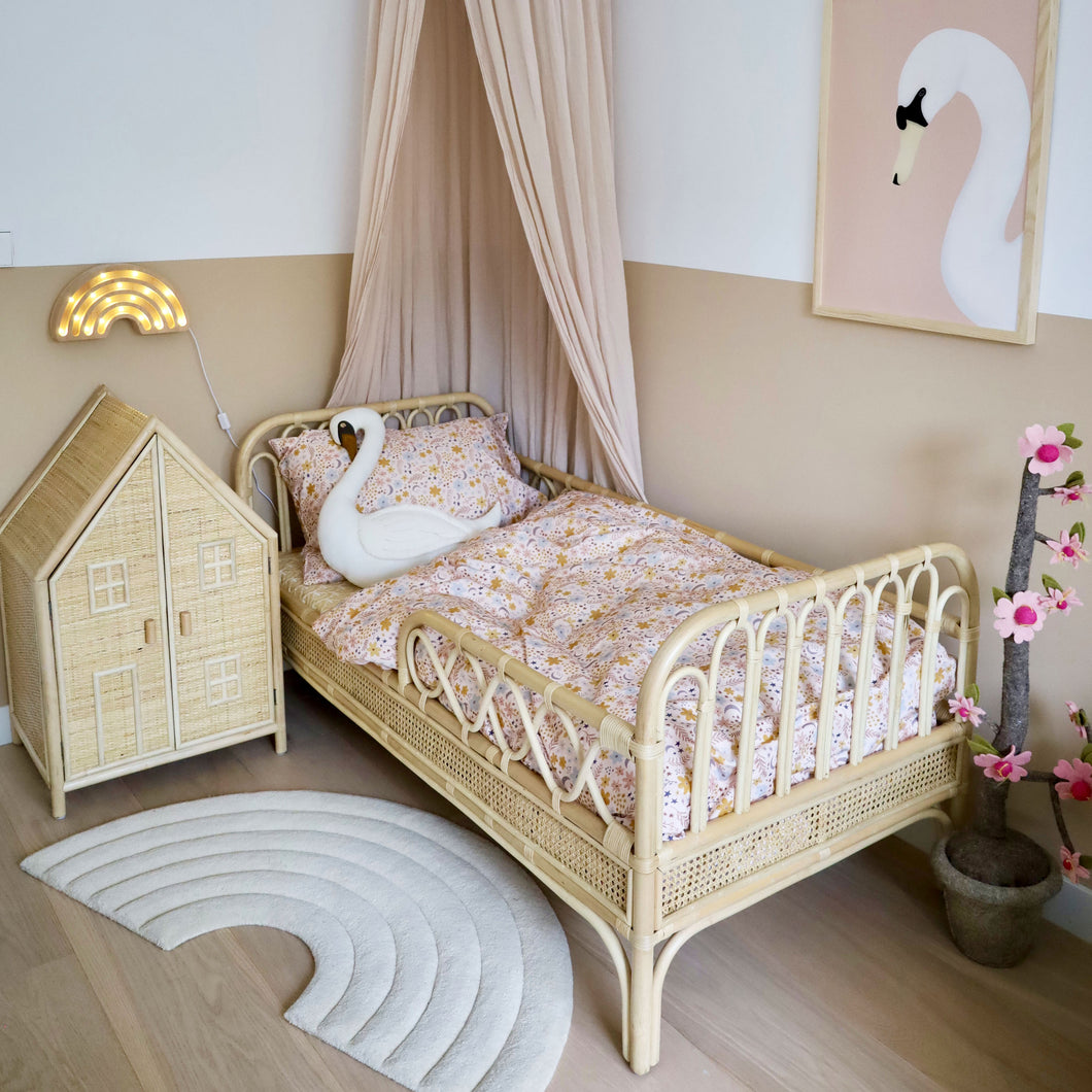 MoozleHome Moon Flower Print 3-Piece Organic Cotton Bedding Set, soft duvet cover, fitted sheet, and pillowcases in floral-moon design for adults and kids.