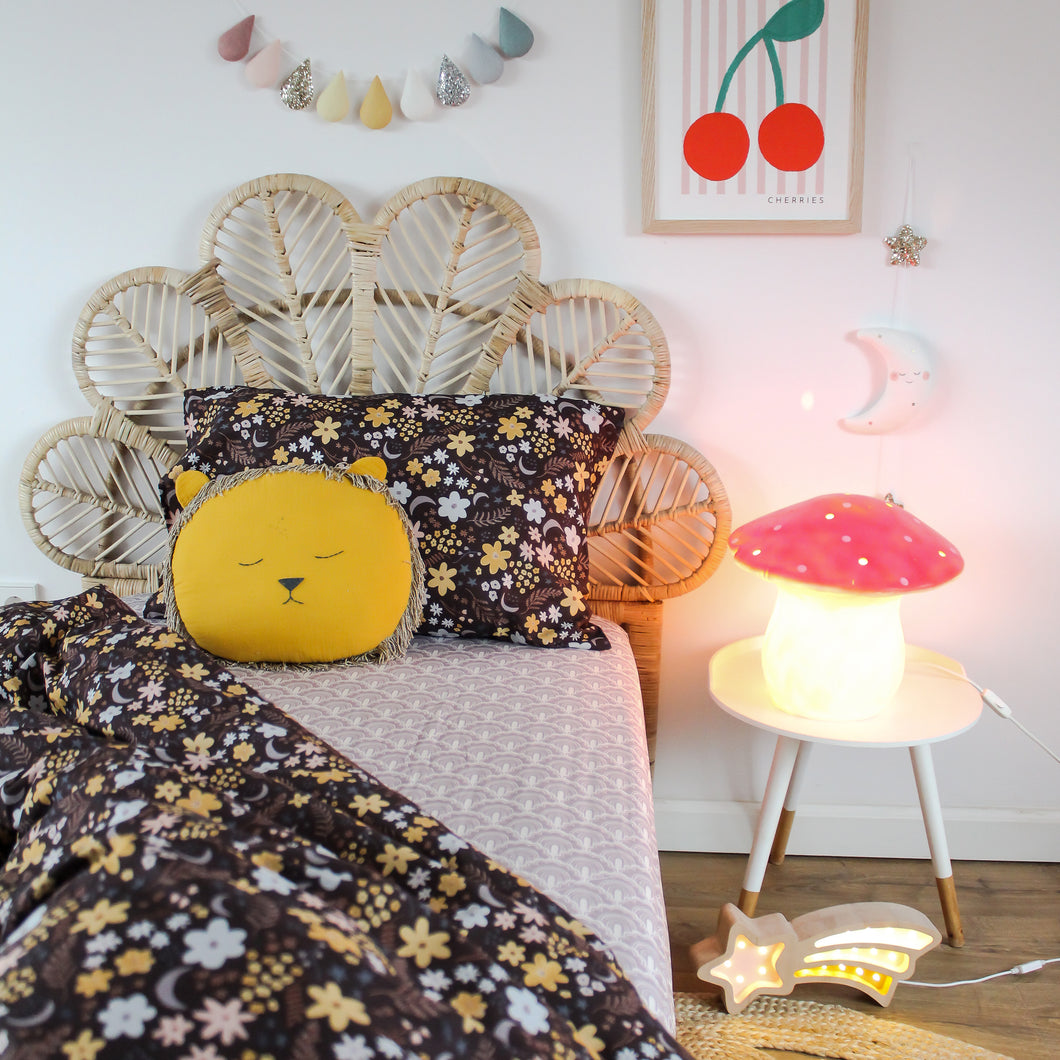 MoozleHome Night Garden 3-Piece Organic Cotton Bedding Set, floral botanical duvet cover, fitted sheet, and pillowcases in elegant dark garden design.