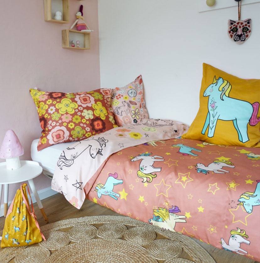 5 Piece Children's organic cotton Duvet Set - Unicorn Doodle Design